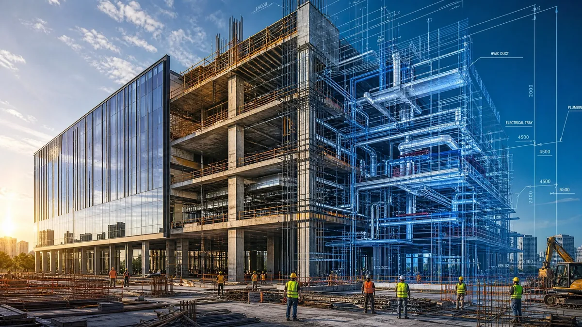 Edificio en construcción con visualización de instalaciones MEP
